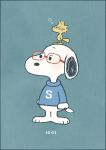  animal animal_on_head ayu_(mog) bespectacled bird bird_on_head blue-framed_glasses dated dog glasses glasses_day no_humans peanuts red-framed_glasses revision snoopy sweat woodstock 