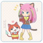  1girl animal_ears aqua_eyes artist_name ayu_(mog) blue_skirt blush boots cat cat_ears cat_paws cat_tail check_translation commentary_request crossover fangs female full_body gloves haramaki hashimoto_nyaa heart jibanyan long_hair multiple_tails notched_ear open_mouth osomatsu-san paw_gloves paws pigeon-toed pink_hair pleated_skirt revision skirt spoken_heart standing tail translation_request two_tails youkai youkai_watch 