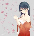  1girl artist_name bare_shoulders black_hair blush breasts cleavage collarbone dress green_eyes grey_background head_tilt highres houshou_(kantai_collection) japanese_clothes kantai_collection kimono long_hair long_sleeves off_shoulder open_clothes open_kimono own_hands_together petals rose_petals signature simple_background solo strapless strapless_dress tareme tbd11 upper_body white_dress 