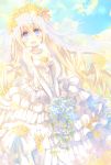  1girl blonde_hair bouquet dress flower flower_wreath jewelry necklace original pearl_necklace sky solo twintails wedding_dress yamadori_yoshitomo 