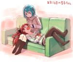  2girls blue_hair bow chocolate couch feeding fukutarou_(enji127) hair_bow hair_ornament hairpin hood hoodie kneehighs long_hair mahou_shoujo_madoka_magica miki_sayaka multiple_girls ponytail redhead sakura_kyouko short_hair shorts tagme thigh-highs turtleneck yuri 