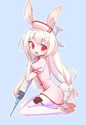  1girl animal_ears bunny_tail hat kirara_ookami kyuuri_(miyako) large_syringe long_hair low-tied_long_hair nurse nurse_cap open_mouth oversized_object pantyhose pink_hair pop-up_story rabbit_ears red_eyes smile solo syringe tail white_legwear 