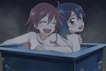  2girls :d ^_^ ahoge bathing blue_hair blush blush_stickers brown_eyes closed_eyes collarbone covering covering_breasts eyebrows flip_flappers hand_on_own_shoulder happy kokomine_cocona long_hair looking_at_another multiple_girls night niina_ryou open_mouth orange_hair outdoors papika_(flip_flappers) partially_submerged shared_bathing shiny shiny_hair short_hair smile teeth twitter_username watermark 