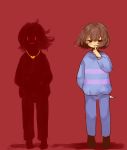  androgynous brown_eyes brown_hair chara_(undertale) dark_persona finger_to_mouth frisk_(undertale) full_body heart heart_necklace knife knife_behind_back koyashaka pants red_background silhouette simple_background smile spoilers striped striped_sweater sweater tagme undertale |_| 