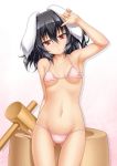  1girl :o animal_ears arm_support armpits ass_visible_through_thighs bare_arms bare_shoulders black_hair blush breasts bucket collarbone cowboy_shot eyebrows eyebrows_visible_through_hair gradient gradient_background hair_between_eyes hammer highres inaba_tewi legs_apart looking_at_viewer midriff navel parted_lips pink_background pink_swimsuit rabbit_ears red_eyes roura short_hair simple_background small_breasts solo standing stomach swimsuit tareme touhou under_boob 