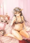  1girl black_bra black_hair black_panties blinds bra breasts brown_eyes character_doll cleavage curtains hairband haruna_(kantai_collection) hiei_(kantai_collection) highres kantai_collection kirishima_(kantai_collection) kongou_(kantai_collection) long_hair looking_at_viewer on_bed panties pillow seiza sitting sitting_on_bed skirt skirt_removed solo underwear yuemanhuaikong 