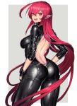  1girl ass back bangs black_gloves bodysuit character_request gloves hair_between_eyes katagiri_hachigou long_hair looking_at_viewer looking_back open_mouth pointy_ears red_eyes redhead simple_background solo standing very_long_hair 