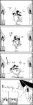  4koma arms_up bow bucket cirno comic commentary_request hair_bobbles hair_bow hair_ornament hat hat_bow highres ice ice_wings in_bucket in_container kirisame_marisa kisume monochrome no_humans smile spinning tani_takeshi touhou translation_request twintails wings witch_hat wooden_bucket yukkuri_shiteitte_ne 