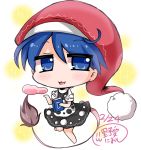  1girl :3 ahoge barefoot blob blue_eyes blue_hair book chibi commentary_request doremy_sweet dress hat nightcap noai_nioshi pom_pom_(clothes) short_sleeves sparkle tail touhou 