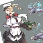  1girl aircraft black_legwear blonde_hair capelet female graf_zeppelin_(kantai_collection) gun handgun holding kamen_rider kamen_rider_ryuki_(series) kamen_rider_zolda kantai_collection looking_at_viewer nankyoku_hitotori parody pleated_skirt skirt solo twintails weapon 