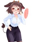  1girl adjusting_glasses animal_ears bespectacled black_legwear blush bra breasts brown_hair cow_ears cow_tail glasses hand_on_hip highres holmy_(show_by_rock!!) horns looking_at_viewer open_mouth pantyhose pencil_skirt red-framed_glasses red_eyes short_hair show_by_rock!! skirt solo tail takano_natsuki translation_request underwear 