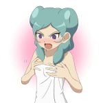  1girl aqua_hair beta_(inazuma_eleven) blush breasts flat_color hands_on_own_chest highres inazuma_eleven_(series) inazuma_eleven_go inazuma_eleven_go_chrono_stone long_hair naked_towel no_pupils open_mouth solo sweatdrop to-ya_musium towel upper_body violet_eyes 