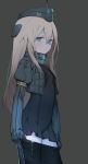  1girl absurdres bangs battle_koala blonde_hair blue_eyes cowboy_shot cropped_jacket expressionless garrison_cap gloves hair_between_eyes hat highres kantai_collection long_hair looking_at_viewer military military_uniform simple_background solo standing u-511_(kantai_collection) uniform wet 