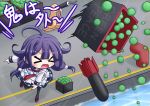  &gt;_&lt; 1girl :d ahoge black_legwear chibi closed_eyes d.a geoduck hair_flaps highres kantai_collection long_hair open_mouth pantyhose purple_hair school_uniform serafuku setsubun smile taigei_(kantai_collection) throwing torpedo xd 