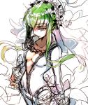 1girl breasts bridal_veil c.c. cleavage code_geass cosplay creayus fate/grand_order fate_(series) green_hair saber_bride saber_bride_(cosplay) sidelocks simple_background smile solo veil white_background yellow_eyes 