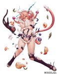  &gt;_&lt; 1girl ass_visible_through_thighs black_legwear blush braid breasts cleavage closed_eyes covered_nipples food fruit full_body headdress monkey navel open_mouth original peach pink_hair remana simple_background tail teeth thigh-highs torn_clothes torn_thighhighs twin_braids white_background yellow_eyes 