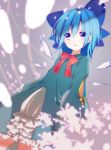  1girl alternate_costume blue_eyes blue_hair cirno dress dutch_angle gradient gradient_background hair_ribbon highres ice ice_wings long_sleeves looking_at_viewer open_mouth ribbon short_hair solo touhou varyu wide_sleeves wings 