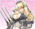  1girl ;d armpits blonde_hair breasts cannon character_name cleavage clothes_writing commentary_request detached_sleeves gradient gradient_background heart iowa_(kantai_collection) kantai_collection large_breasts long_hair looking_at_viewer oku_tamatarou one_eye_closed open_mouth pink_background revision smile solo star star-shaped_pupils symbol-shaped_pupils turret upper_body 