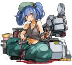  1girl bare_arms bare_shoulders blue_hair blush full_body hair_bobbles hair_ornament hat kawashiro_nitori looking_at_viewer midriff navel pants sachito simple_background sitting sleeveless solo tank_top touhou twintails white_background 