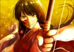  1girl aiming_at_viewer angry bangs black_hair blood blood_on_face blunt_bangs blurry bow_(weapon) closed_mouth depth_of_field floating_hair frown hair_ornament holding_weapon ichi_1111_wan inuyasha japanese_clothes kikyou_(inuyasha) long_hair long_sleeves looking_at_viewer low_ponytail messy_hair miko outstretched_arm revision ribbon_trim solo upper_body weapon wide_sleeves wind yellow_background 