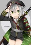  1boy 328_(artist) cape character_name green_eyes hat hotarumaru male_focus ootachi salute shorts silver_hair smile sword touken_ranbu weapon 
