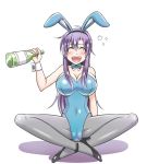  1girl animal_ears bare_shoulders blush bottle bow breasts bunnysuit cleavage closed_eyes dragon_quest dragon_quest_iii drunk faris_scherwiz final_fantasy final_fantasy_v gloves indian_style jester_(dq3) large_breasts long_hair mabo-udon open_mouth pantyhose purple_hair rabbit_ears sitting smile solo wrist_cuffs 