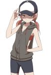  1girl adjusting_clothes adjusting_hat bandeau bare_shoulders baseball_cap bike_shorts black_vest brown_eyes brown_hair closed_mouth collarbone cowboy_shot ear_studs earrings expressionless hat highres jewelry low_twintails shaded_face short_hair short_twintails simple_background solo standing tsurime twintails vest white_background yamamoto_souichirou zipper 