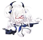  1girl breasts cannon cleavage cleavage_cutout commentary_request criin_(659503) dark_persona glasses hair_over_one_eye horns kantai_collection kashima_(kantai_collection) lipstick looking_at_viewer lowres makeup open_mouth red_eyes shinkaisei-kan twintails upper_body wavy_hair white_skin 