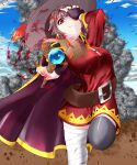  1girl belt black_legwear blue_sky brown_hair cape clouds covering_face dress fingerless_gloves fire gloves ground hand_over_eye hat highres kono_subarashii_sekai_ni_shukufuku_wo! looking_at_viewer magic megumin pointing pointing_at_viewer red_dress red_eyes short_hair simejing sky smoke solo staff thigh-highs witch_hat 
