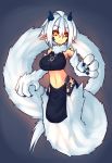  1girl bare_shoulders black_sclera breasts claws eyebrows eyebrows_visible_through_hair fur highres horns lamia large_breasts midriff monster_girl navel orange_eyes original paws pelvic_curtain pointy_ears scales shenti_(sub-res) short_hair solo sub-res white_fur white_hair 