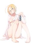  1girl ahoge barefoot bathrobe blonde_hair breasts can cleavage collarbone feet green_eyes head_tilt highres legs open_clothes original short_hair simple_background sitting solo toes white_background 
