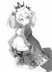  1girl cape child crown frederick_ii genderswap greyscale hair_ornament looking_to_the_side monochrome short_hair smile solo standing yunar 