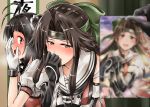  3girls blush brown_eyes brown_hair double_bun gloves hachimaki headband jintsuu_(kantai_collection) kamelie kantai_collection long_hair manga_(object) multiple_girls naka_(kantai_collection) remodel_(kantai_collection) school_uniform sendai_(kantai_collection) serafuku 