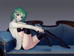  1girl bangs black_bra black_legwear black_panties blue_eyes bra couch from_side green_hair head_tilt kneeling lemeiet_(sablecat) long_sleeves looking_at_viewer looking_to_the_side open_clothes open_shirt panties shiki_eiki shirt short_hair sitting solo thigh-highs touhou underwear white_shirt 