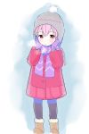  1girl beanie boots coat fur_trim hat original pantyhose pink_eyes pink_hair scarf sekiya_asami solo tagme 