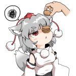  &gt;:&lt; ... 1girl :&lt; animal_ears artist_request blush breasts cookie detached_sleeves food food_on_face hat inubashiri_momiji jitome long_sleeves pom_pom_(clothes) red_eyes short_hair silver_hair simple_background spoken_ellipsis tail tokin_hat touhou upper_body white_background wide_sleeves wolf_ears wolf_tail 