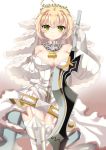  1girl absurdres ahoge bare_shoulders blonde_hair breasts chain cleavage detached_collar detached_sleeves fate/extra fate/extra_ccc fate/grand_order fate_(series) garter_belt gloves gradient gradient_background green_eyes highres large_breasts looking_at_viewer puffy_sleeves saber_bride saber_extra short_hair solo sword thigh-highs timins weapon white_gloves wreath zipper 