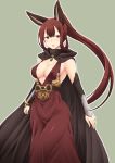  1girl animal_ears belt blush bracelet breasts brooch brown_eyes cape cleavage detached_sleeves dress granblue_fantasy highres jewelry long_hair mole mole_under_eye open_mouth ponytail red_dress redhead selfira simple_background very_long_hair zin_(goraku_hiroba) 