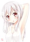  1girl :o arm_behind_head armpits blush breasts cleavage collarbone commentary_request hair_between_eyes highres karutamo long_hair original portrait red_eyes shirt sideboob signature simple_background solo tank_top wet white_background white_hair white_shirt 
