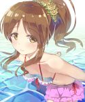  1girl absurdres arms_behind_back bare_shoulders bikini bikini_skirt blush breast_slip breasts brown_eyes brown_hair flower front-tie_top hair_bun hair_flower hair_ornament highres idolmaster idolmaster_cinderella_girls leaning_forward long_hair looking_at_viewer ponytail seneto small_breasts solo swimsuit takamori_aiko 