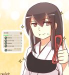  1girl :t akagi_(kantai_collection) brown_eyes brown_hair food food_on_face hair_between_eyes japanese_clothes kantai_collection long_hair looking_at_viewer muneate nontraditional_miko onigiri rexlent ribbon rice rice_on_face solo sparkle straight_hair tasuki thumbs_up translation_request twitter_username 