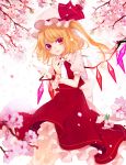  1girl absurdres blonde_hair cherry_blossoms daimaou_ruaeru dress flandre_scarlet hat hat_ribbon highres looking_at_viewer mob_cap puffy_sleeves red_dress red_eyes ribbon sash shirt side_ponytail smile solo touhou wings 