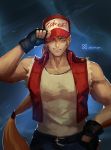  1boy artist_name baseball_cap blonde_hair blue_eyes fatal_fury fingerless_gloves gloves grin hand_over_eye hat highres jacket long_hair looking_at_viewer male_focus muscle pants ponytail smile snk solo tank_top terry_bogard the_king_of_fighters xiaoguimist 