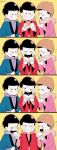  3boys 4koma baozi black_hair bowl_cut brothers comic drooling food haori heart highres hood hoodie japanese_clothes kl male_focus matsuno_karamatsu matsuno_osomatsu matsuno_todomatsu multiple_boys osomatsu-kun osomatsu-san pink_eyes red_eyes scarf sharing_food siblings silent_comic smile twitter_username 