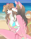  2girls animal_ears beach bikini black_hair breasts brown_hair dog_ears dog_tail fangs fur furry green_eyes kikurage_(crayon_arts) long_hair multicolored_bikini multiple_girls ocean open_mouth original side-tie_bikini smile swimsuit tail 