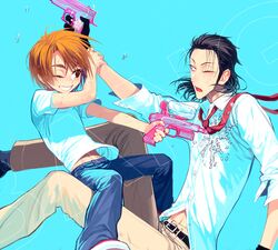  2boys ashihana_eiryou black_hair karakuri_circus long_hair multiple_boys nanatoki necktie orange_hair saiga_masaru short_hair toy_gun water_gun 