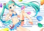  1girl anklet aqua_hair barefoot bikini blue_eyes collarbone feet frilled_bikini frills grin hatsune_miku jewelry legs long_hair navel pointing pointing_at_viewer skirt small_breasts smile solo swimsuit toes twintails very_long_hair vocaloid water_balloon 