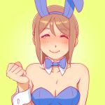  1girl ^_^ animal_ears bare_shoulders blush bow bowtie breasts brown_hair bunnysuit cleavage clenched_hand closed_eyes collarbone detached_collar fukusuke_hachi-gou hands lips long_hair original ponytail rabbit_ears smile solo tears wrist_cuffs 