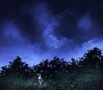  1girl black_hair branch forest grass heiya hime_cut houraisan_kaguya jeweled_branch_of_hourai light_particles long_hair looking_at_viewer looking_back nature night night_sky pink_shirt red_eyes scenery shiny shiny_hair shirt sky solo star touhou very_long_hair wind 
