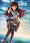  1girl :d brown_eyes brown_hair fatherland2009 full_body hair_ornament hand_behind_head highres horizon kantai_collection kisaragi_(kantai_collection) long_hair looking_at_viewer machinery ocean open_mouth school_uniform serafuku smile solo standing standing_on_liquid torpedo 